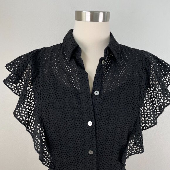 Theory Womens Size 10 Black Nova Ruffled Button Front Eyelet Mini Dress - Picture 4 of 11